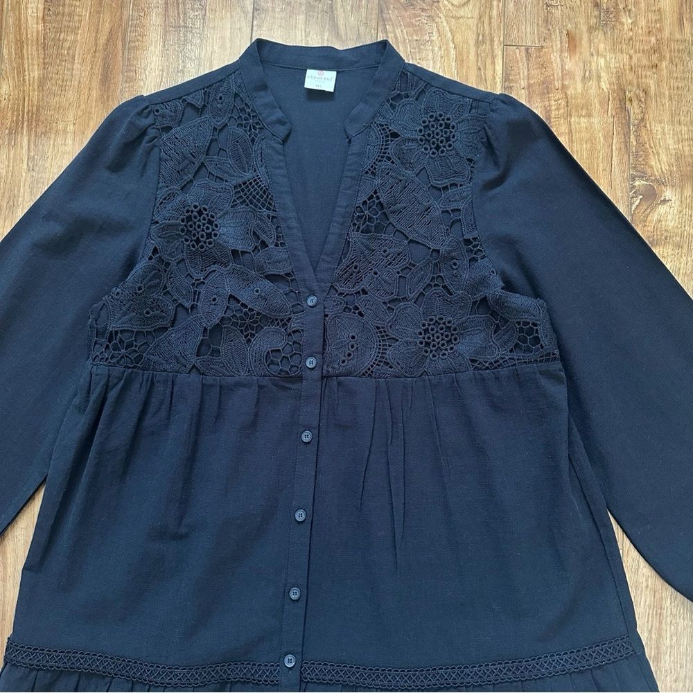Poheme Paris Lace Detailing Button Front Long Sleeve Tiered Dress Size M/L Black